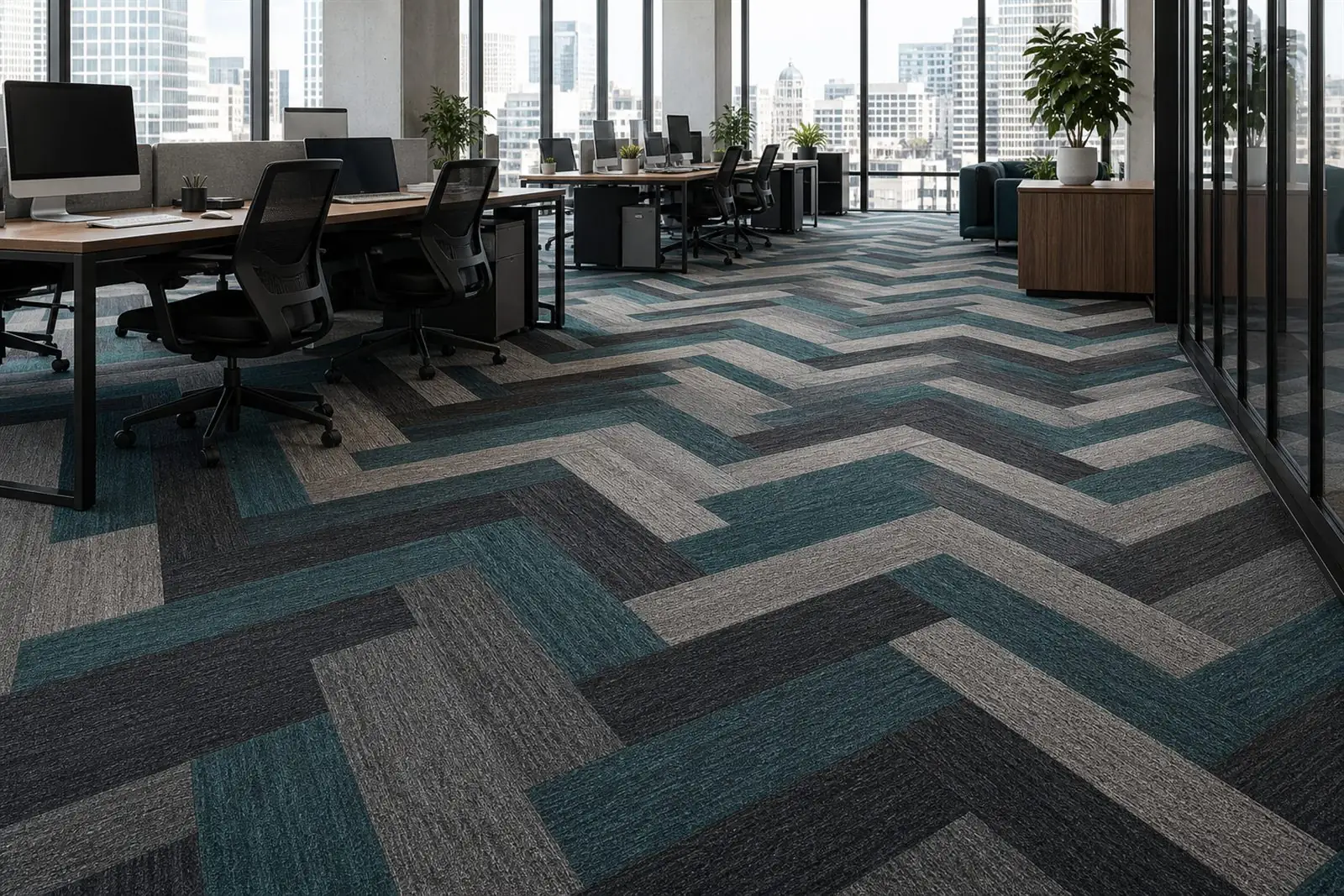 Herringbone carpet tile flooring in a modern London commercial office