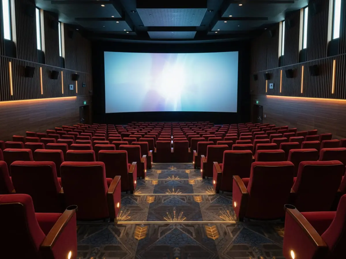 Tiered cinema auditorium with carpeted flooring sweeping toward an illuminated screen, London