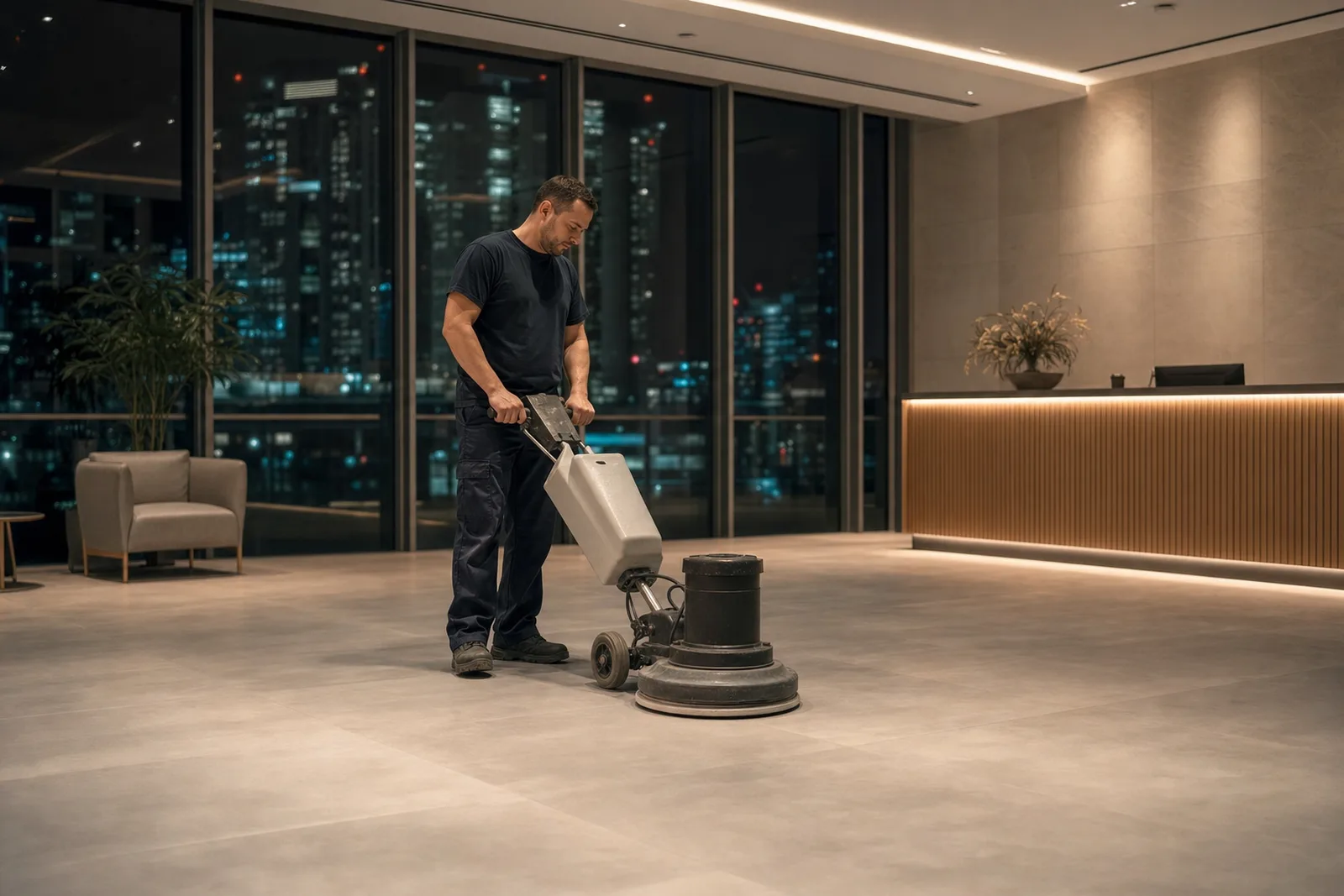 Technician machine-buffing a luxury vinyl tile floor in a London office reception at night