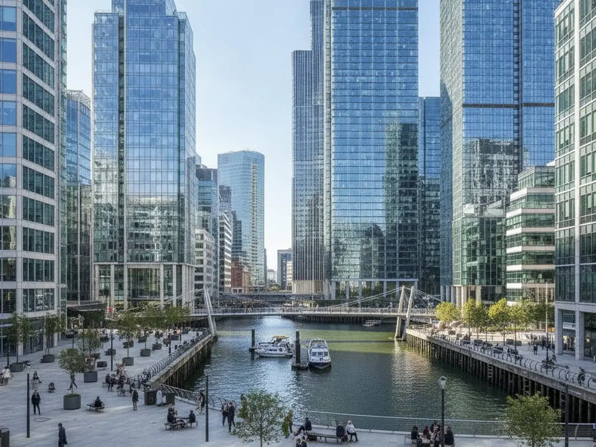 Canary Wharf tower lobby with high-gloss granite flooring and floor-to-ceiling glazing