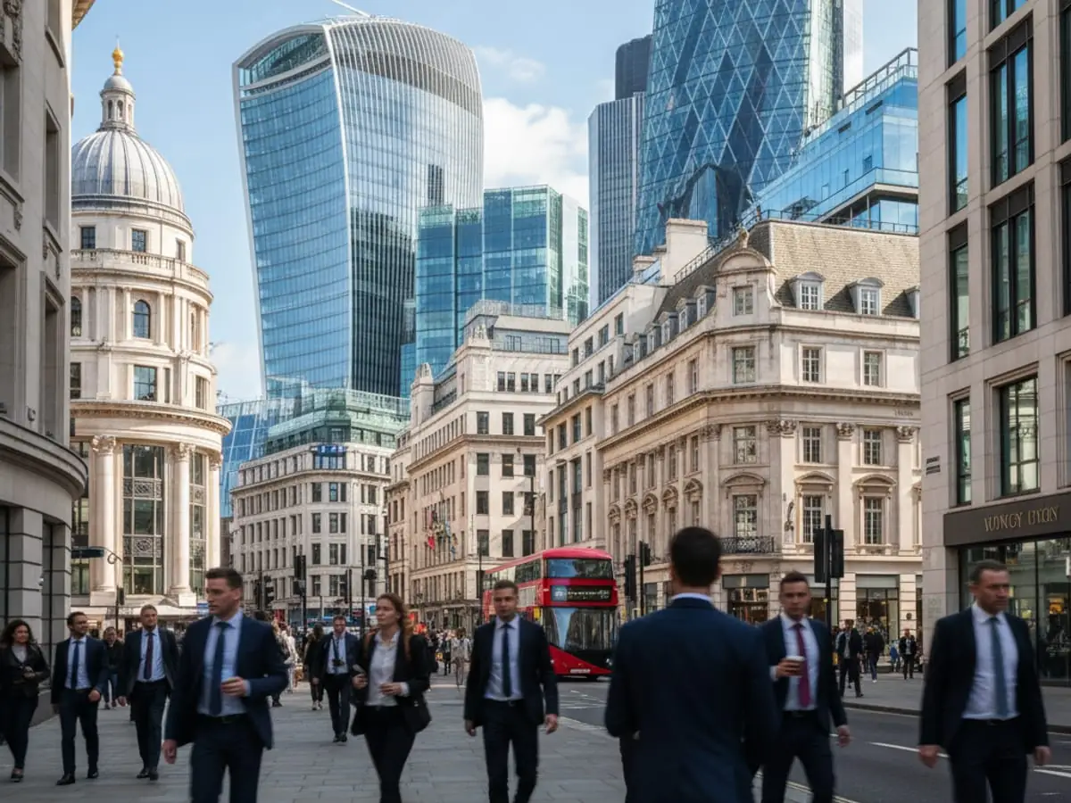 City of London office tower lobby with marble flooring and the City skyline beyond