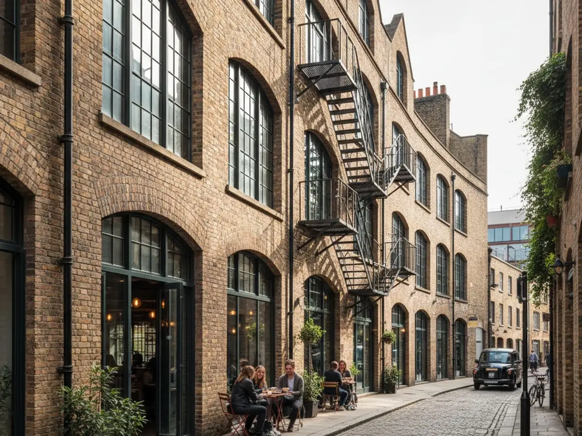 Clerkenwell design-district interior with herringbone wood flooring and tall daylight windows