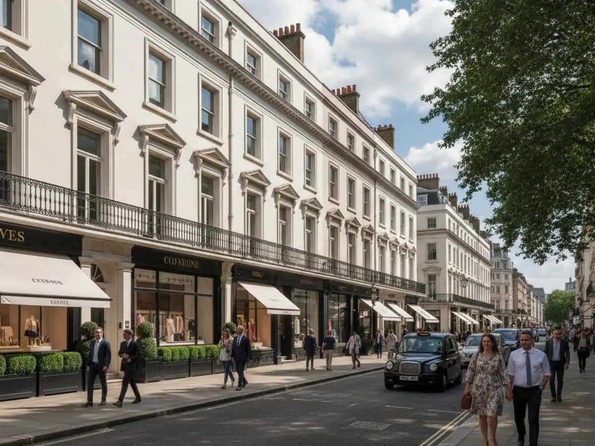 Low-lit Mayfair luxury retail interior with dark herringbone marble flooring