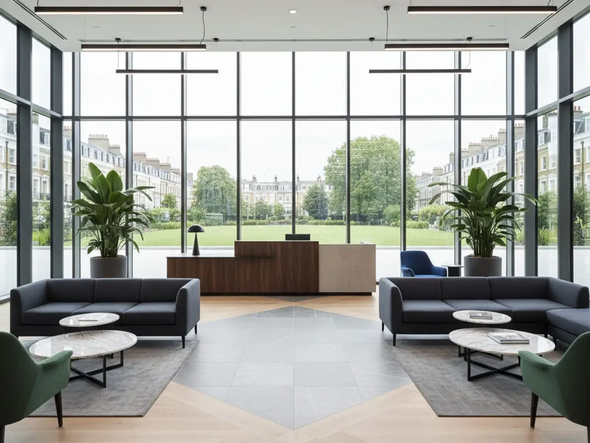 Premium commercial interior with broad plank flooring sweeping toward a London skyline window