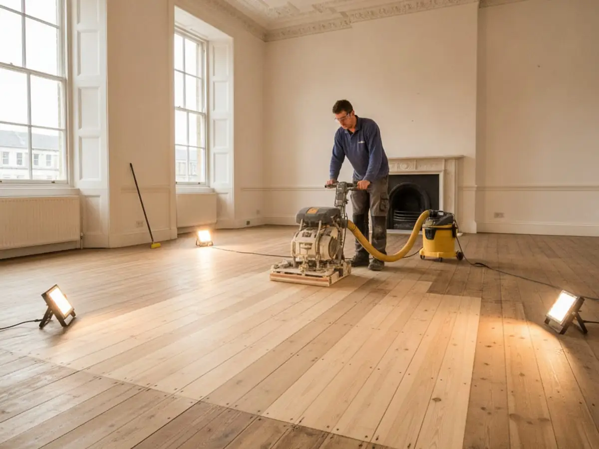 Dust-free commercial floor sanding in progress on a London timber floor with continuous dust extraction