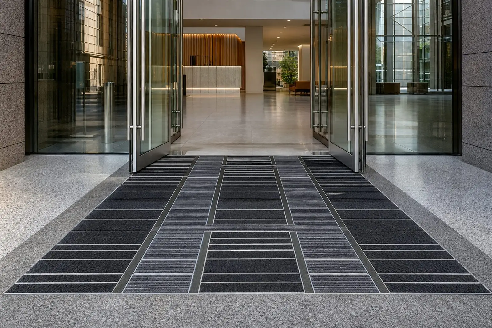 Patterned recessed entrance matting at the open glass doors of a modern London office building