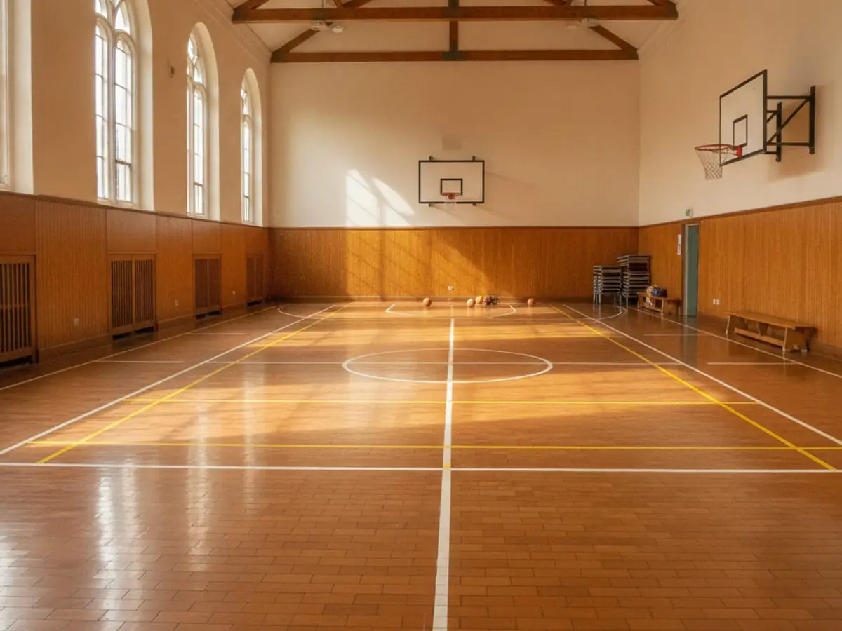 Restored Granwood composition-block floor in a London school sports hall with line markings