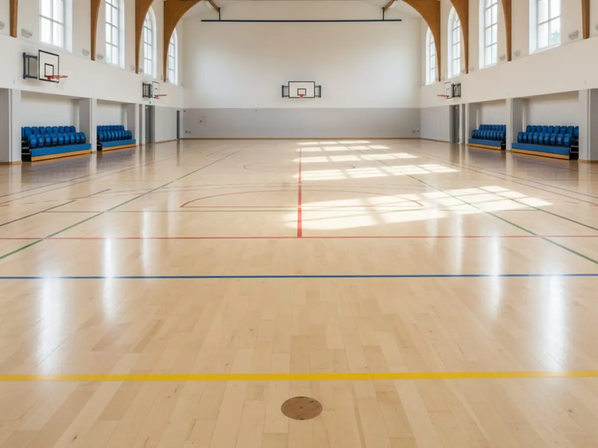 Restored Junckers solid beech sprung sports floor with court line markings in a London leisure centre