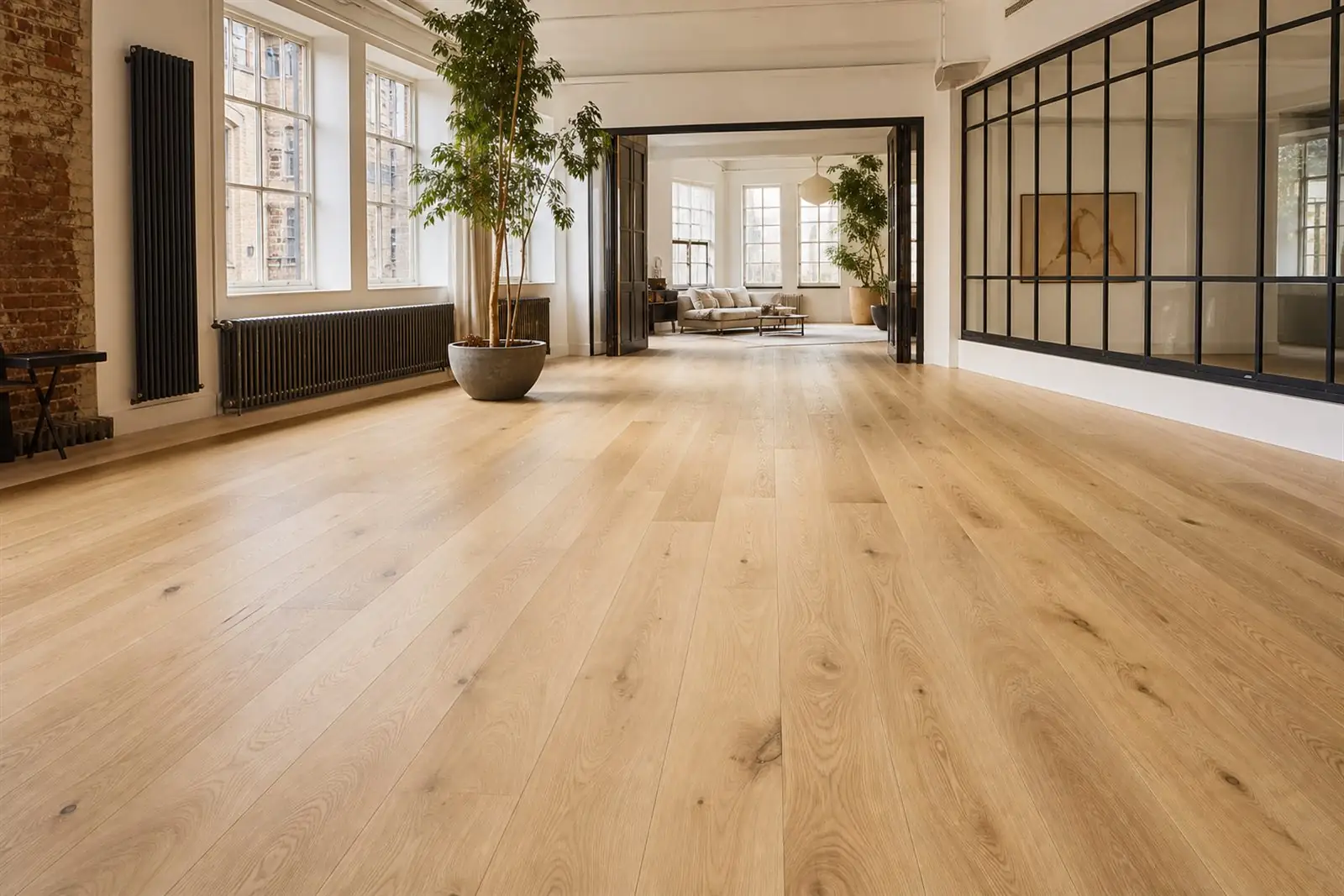 Freshly sanded light oak wood floor in a bright London interior