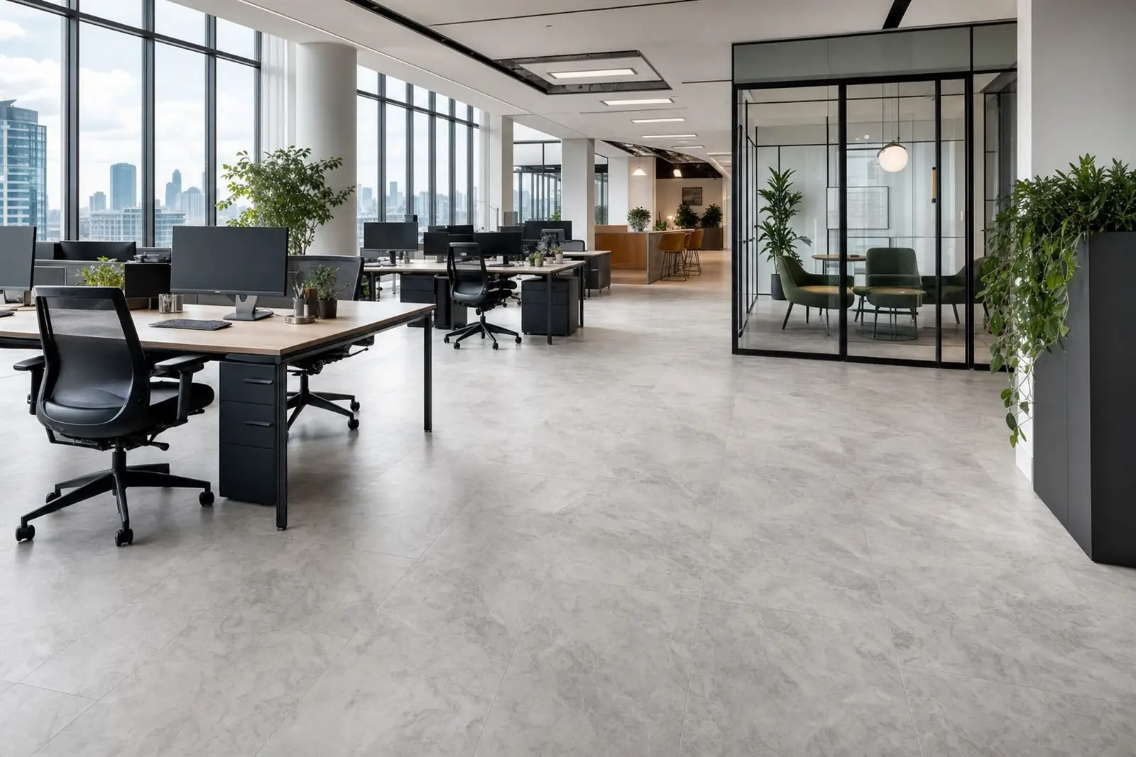 Marble-effect luxury vinyl tile (LVT) flooring in a modern open-plan London office