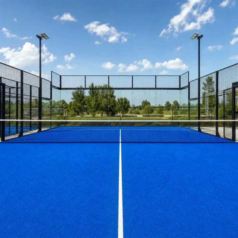Outdoor padel court in London with blue artificial-grass surfacing and crisp white line markings