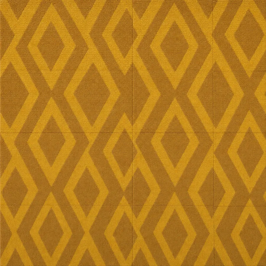 Mustard-ochre commercial carpet tiles with a geometric pattern