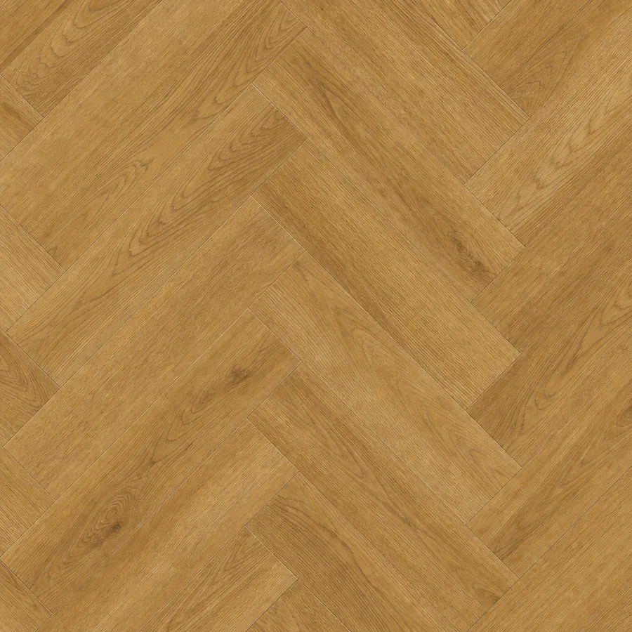 Honey-oak wood-effect LVT flooring laid in a herringbone pattern