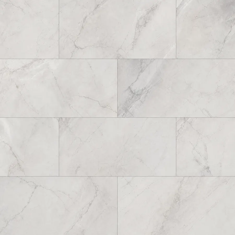 Pale marble-effect large-format LVT tiles with subtle grey veining