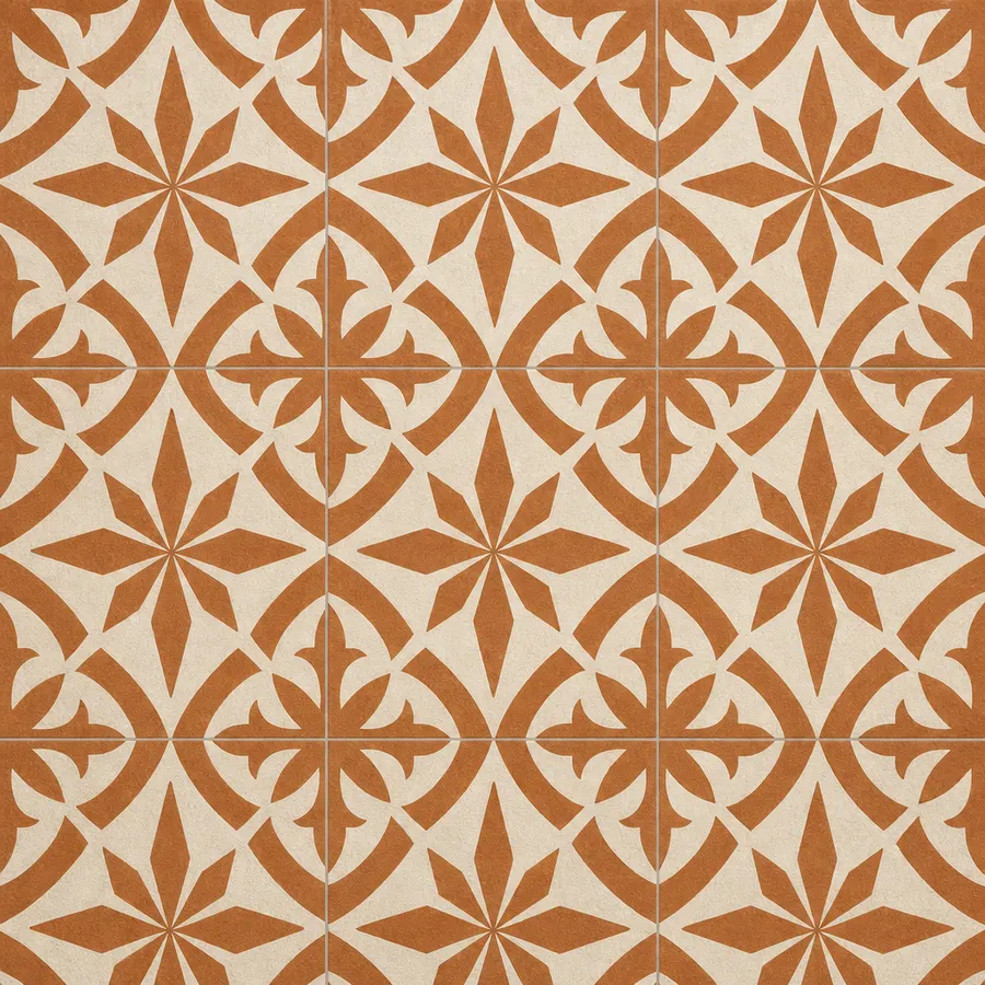 Terracotta and cream patterned tile-effect LVT with a decorative geometric motif