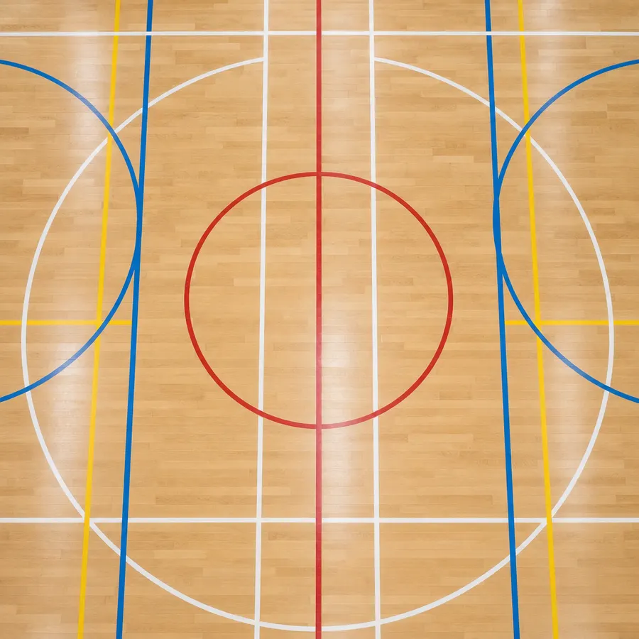 Beech timber sports hall floor with multi-sport court line markings in several colours
