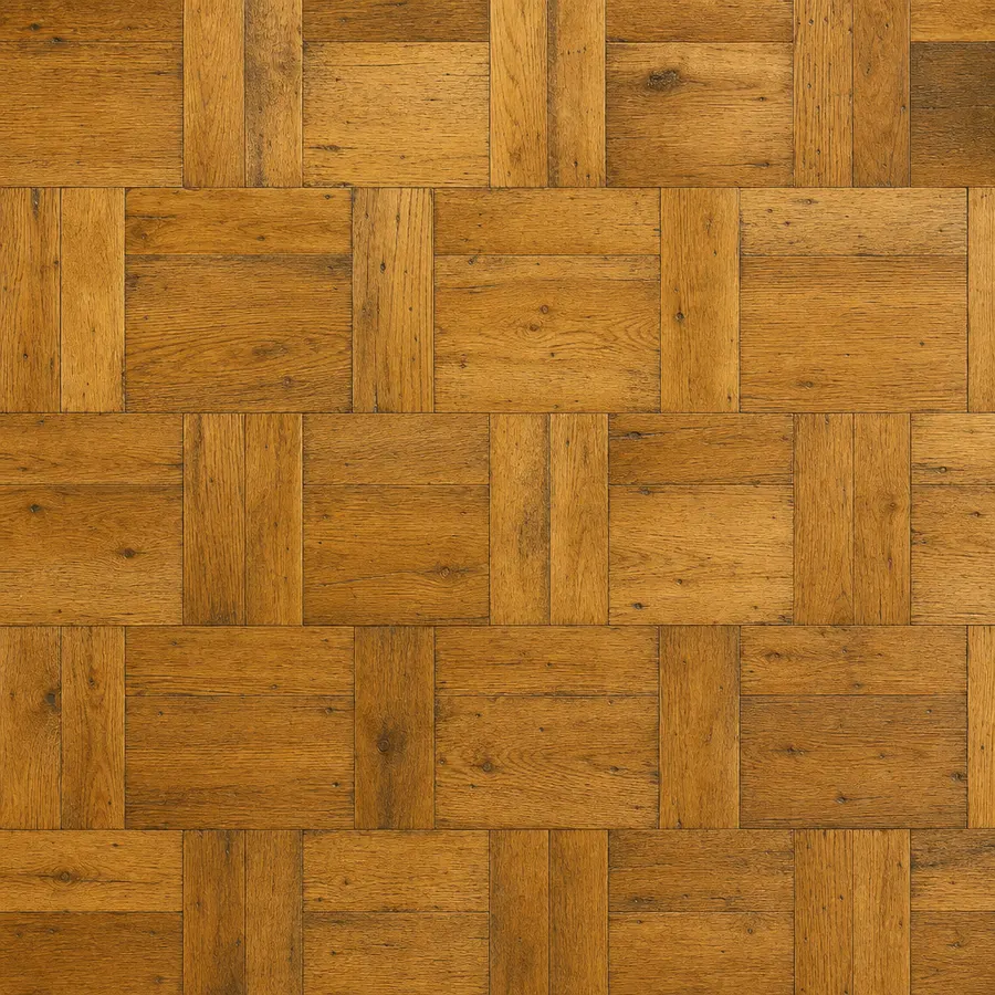 Golden parquet wood flooring laid in a basketweave block pattern